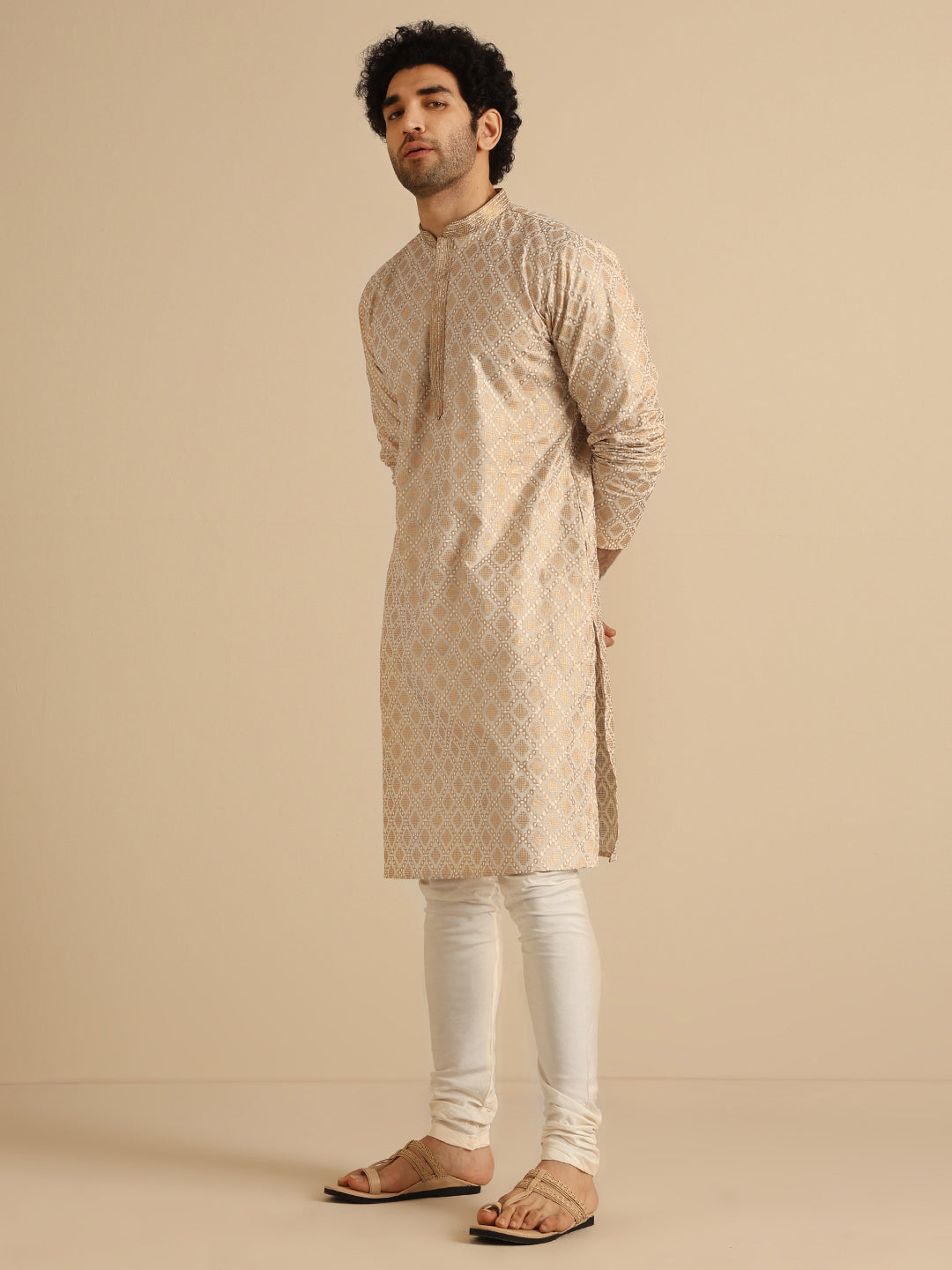 Beige Silk Blend Kurta with Intricate Woven Design and Mandarin Collar | SHOBITAM