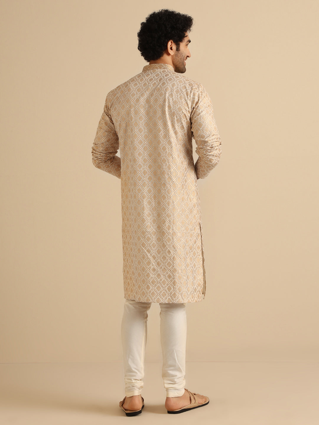 Beige Silk Blend Kurta with Intricate Woven Design and Mandarin Collar | SHOBITAM