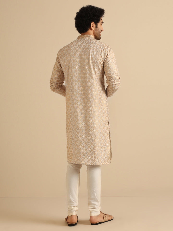 Beige Silk Blend Kurta with Intricate Woven Design and Mandarin Collar | SHOBITAM
