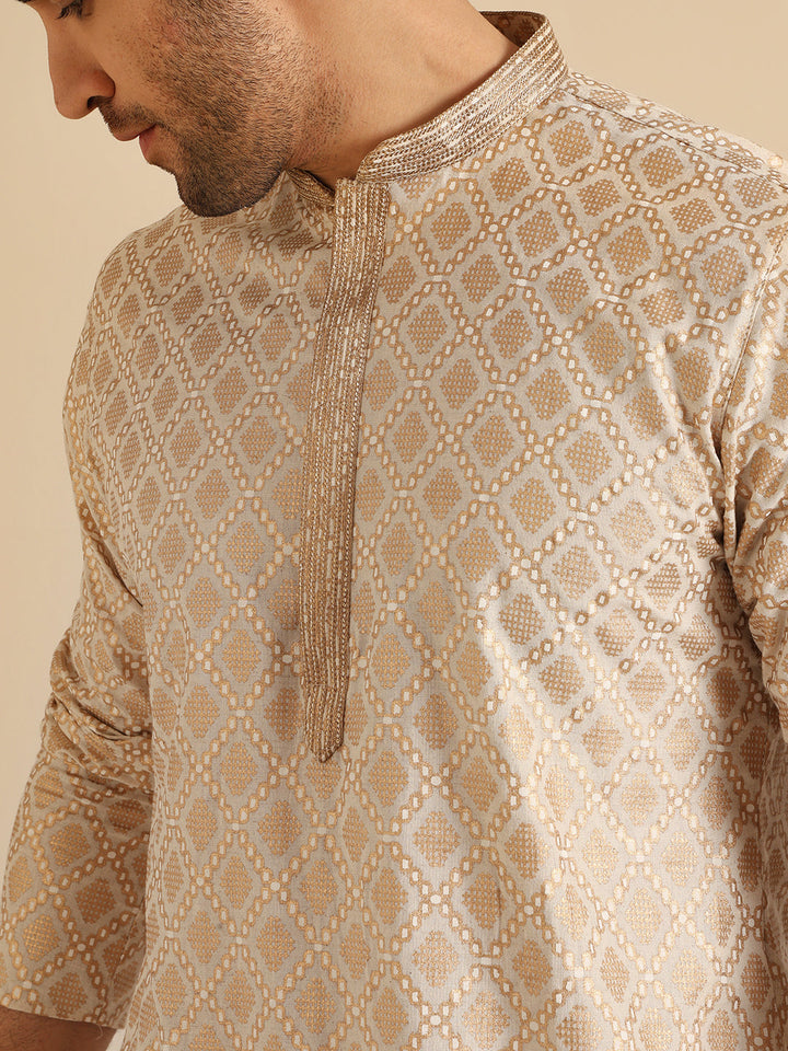 Beige Silk Blend Kurta with Intricate Woven Design and Mandarin Collar | SHOBITAM