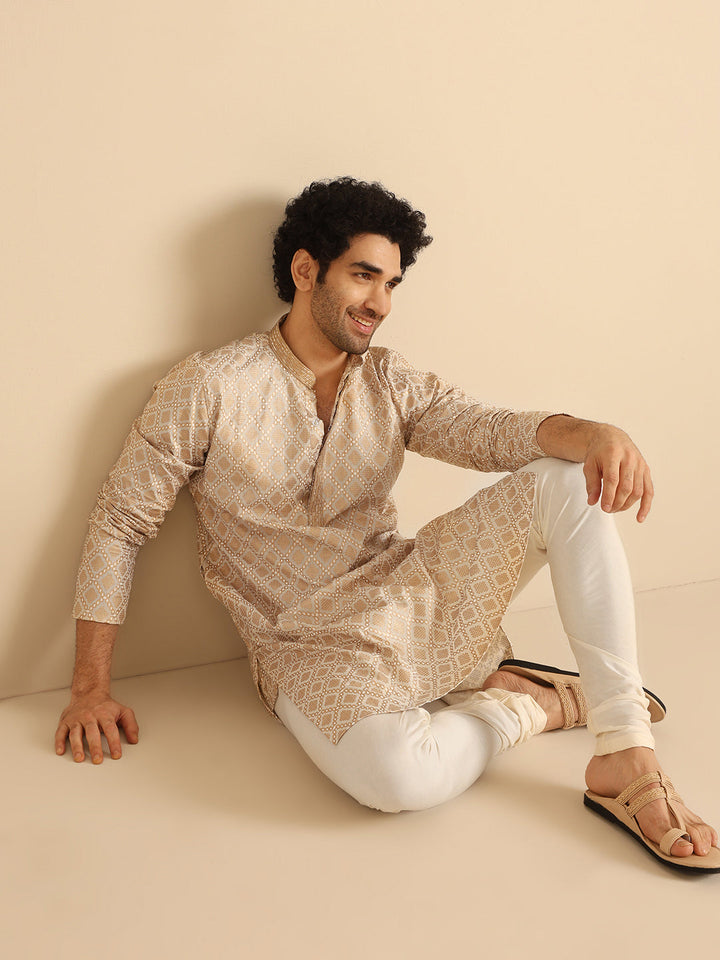 Beige Silk Blend Kurta with Intricate Woven Design and Mandarin Collar | SHOBITAM
