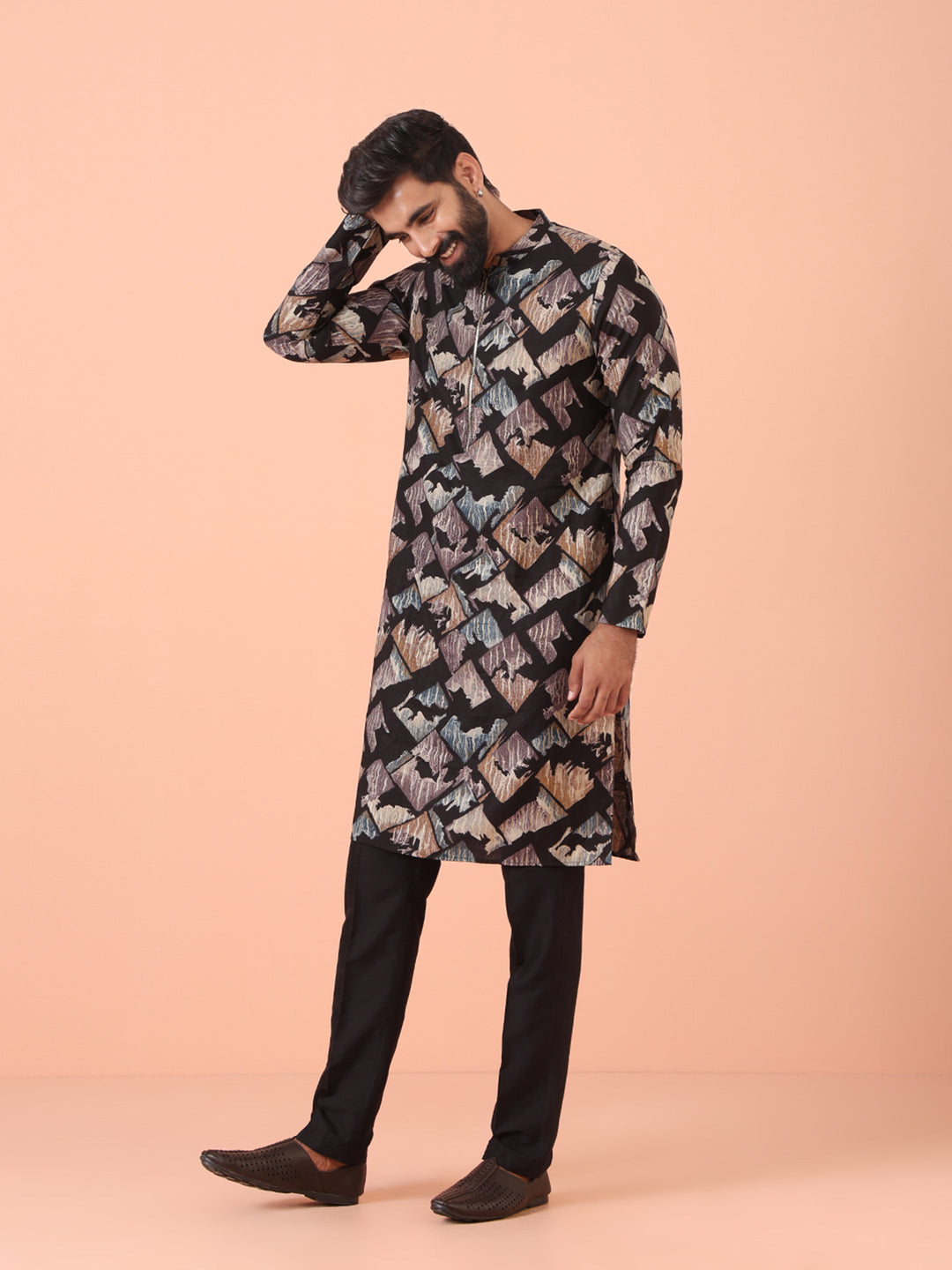Black Kurta with Multicolour Abstract Print and Zip Closure | SHOBITAM