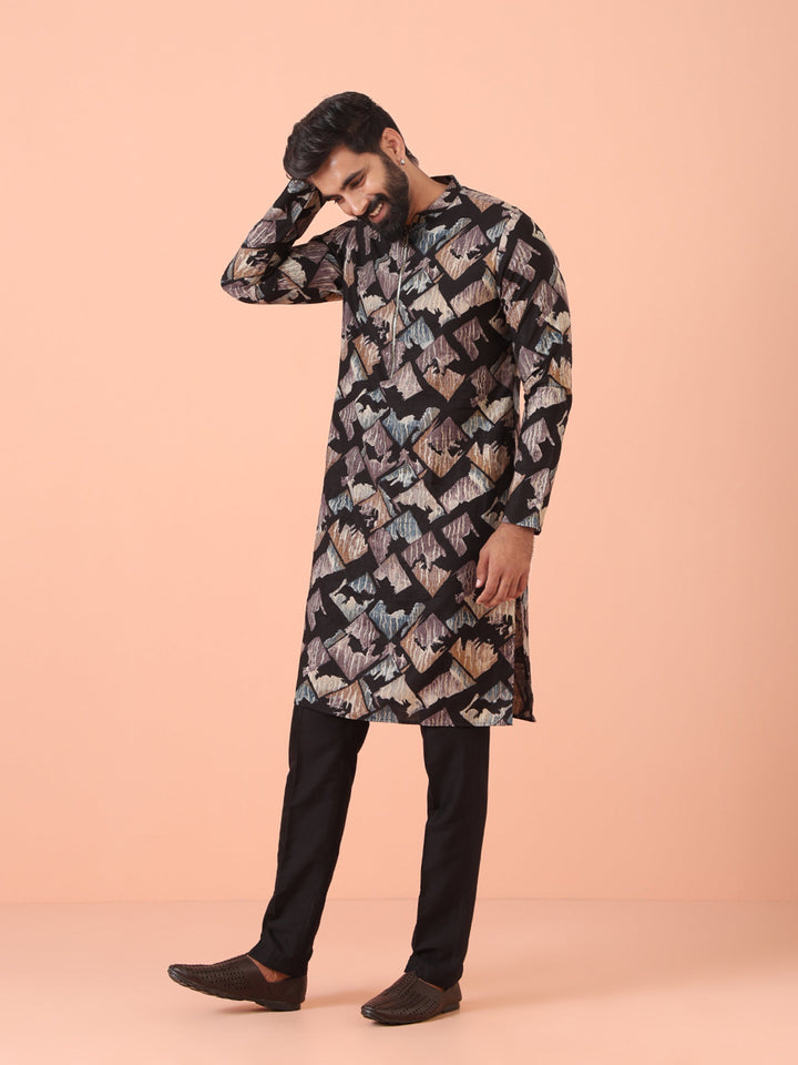 Black Kurta with Multicolour Abstract Print and Zip Closure | SHOBITAM
