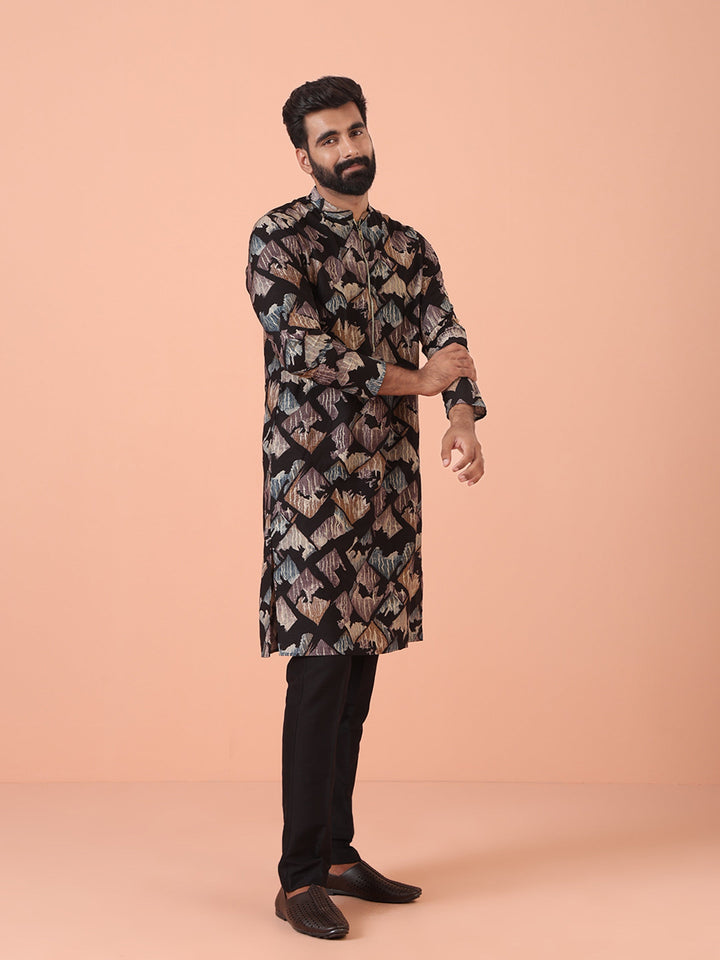 Black Kurta with Multicolour Abstract Print and Zip Closure | SHOBITAM