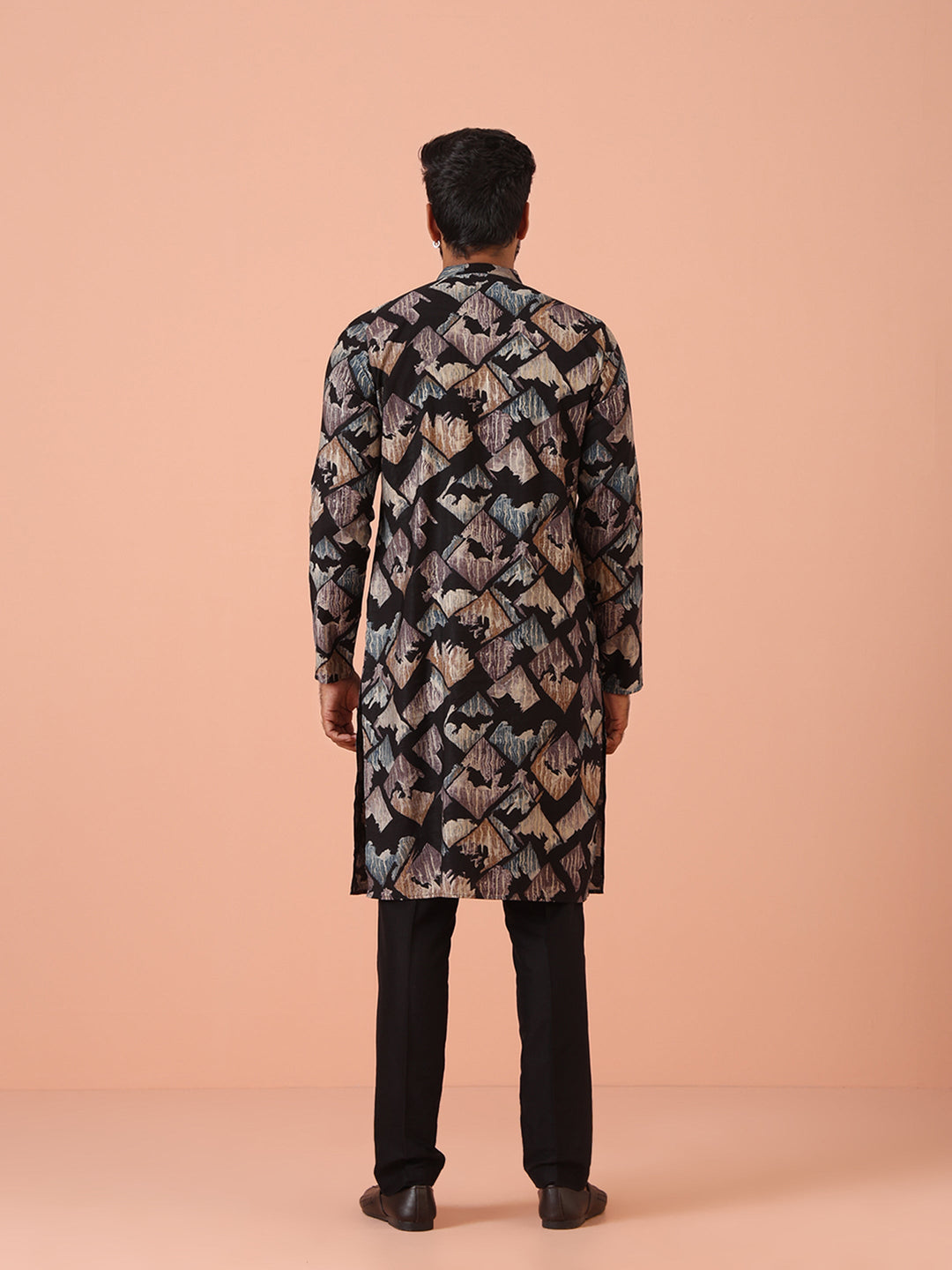 Black Kurta with Multicolour Abstract Print and Zip Closure | SHOBITAM