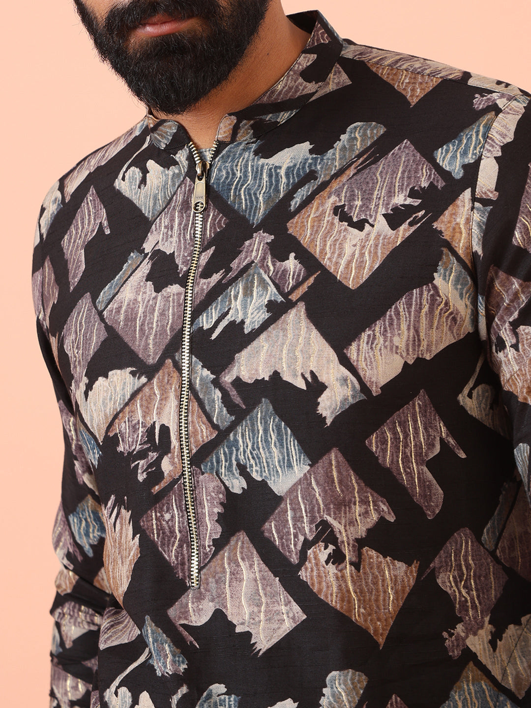 Black Kurta with Multicolour Abstract Print and Zip Closure | SHOBITAM