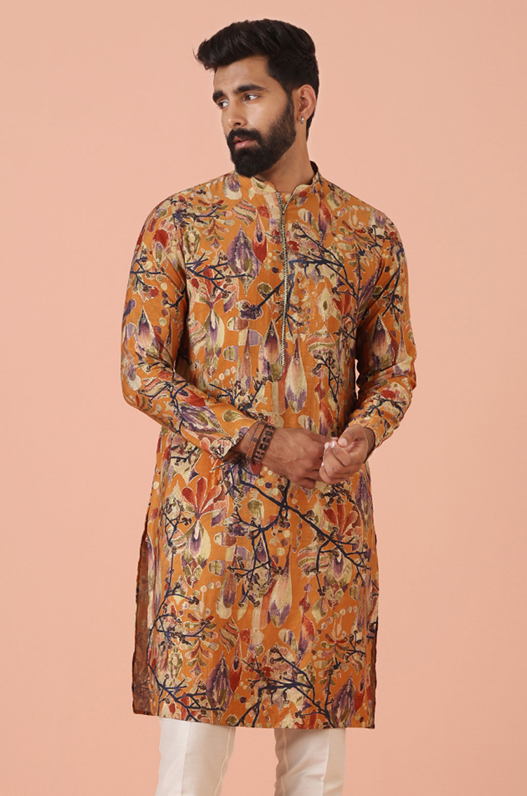 Orange Printed Silk Blend Long Kurta | SHOBITAM