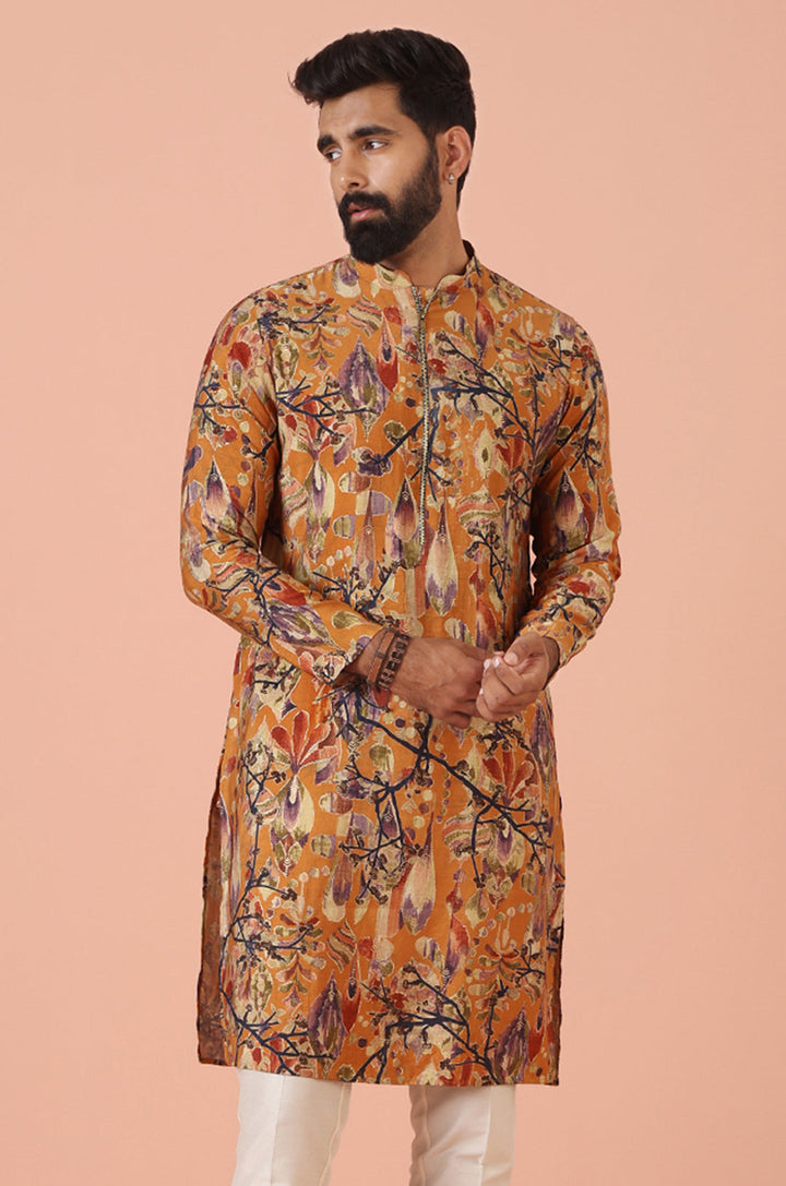 Orange Printed Silk Blend Long Kurta | SHOBITAM