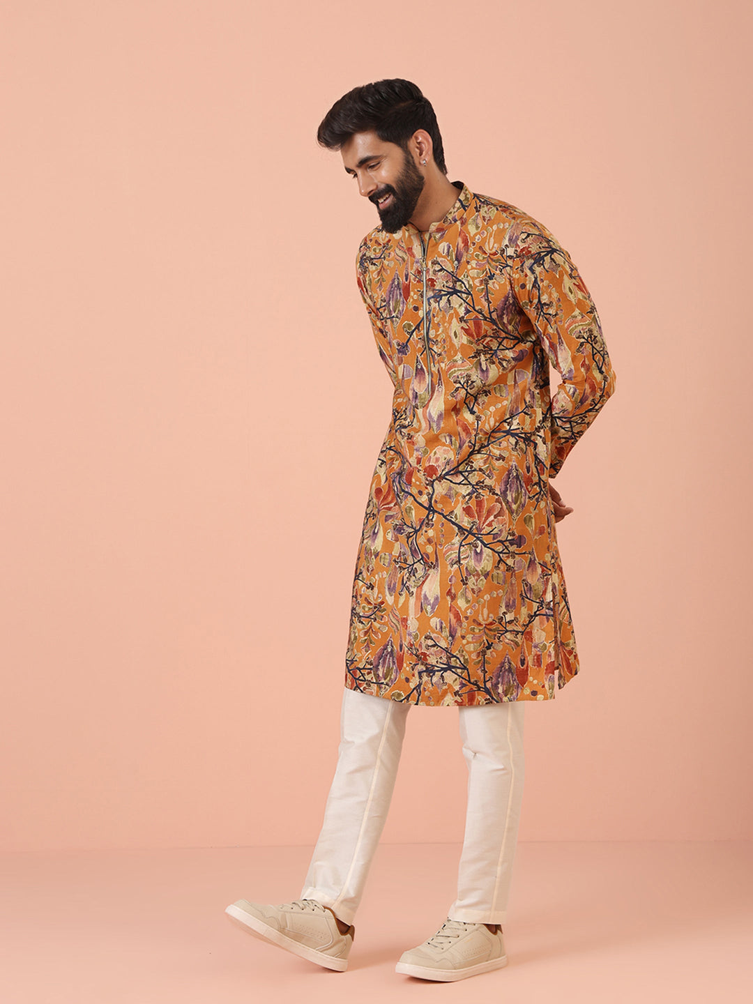 Orange Printed Silk Blend Long Kurta | SHOBITAM