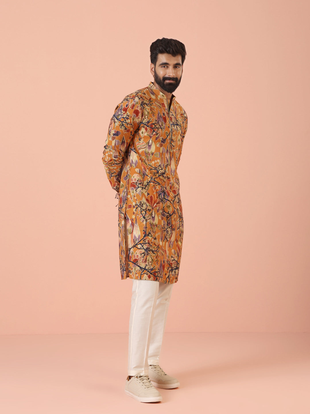Orange Printed Silk Blend Long Kurta | SHOBITAM