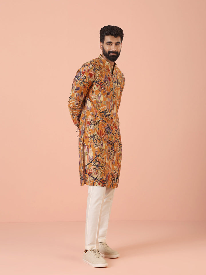Orange Printed Silk Blend Long Kurta | SHOBITAM