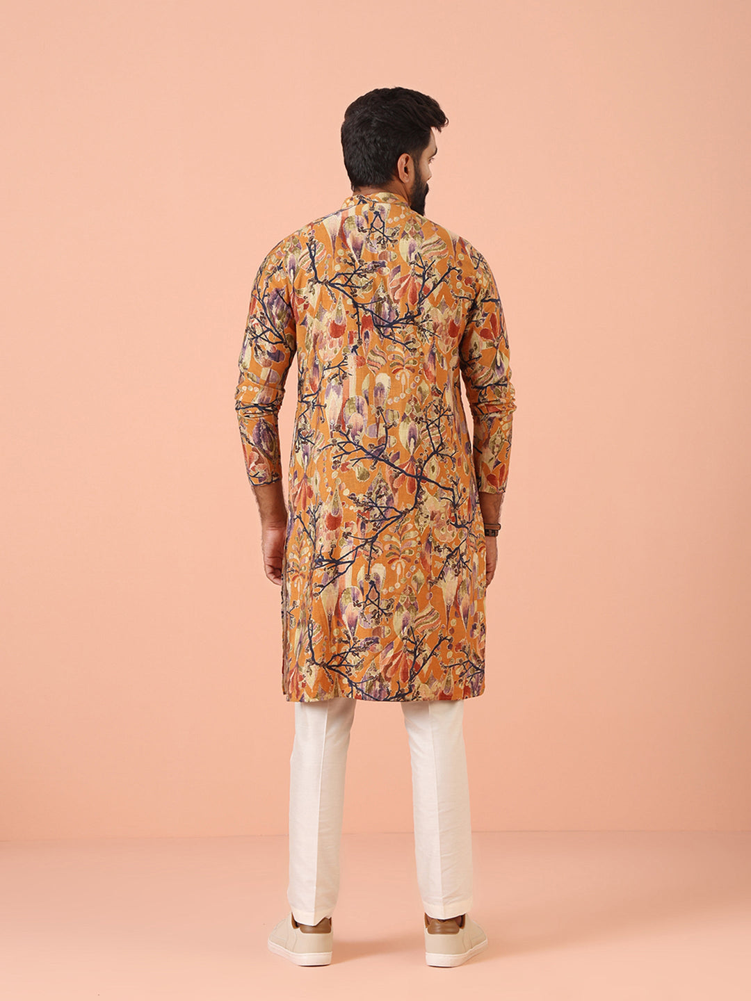 Orange Printed Silk Blend Long Kurta | SHOBITAM