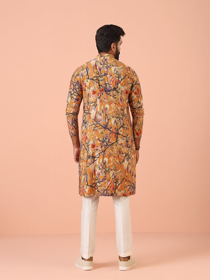 Orange Printed Silk Blend Long Kurta | SHOBITAM
