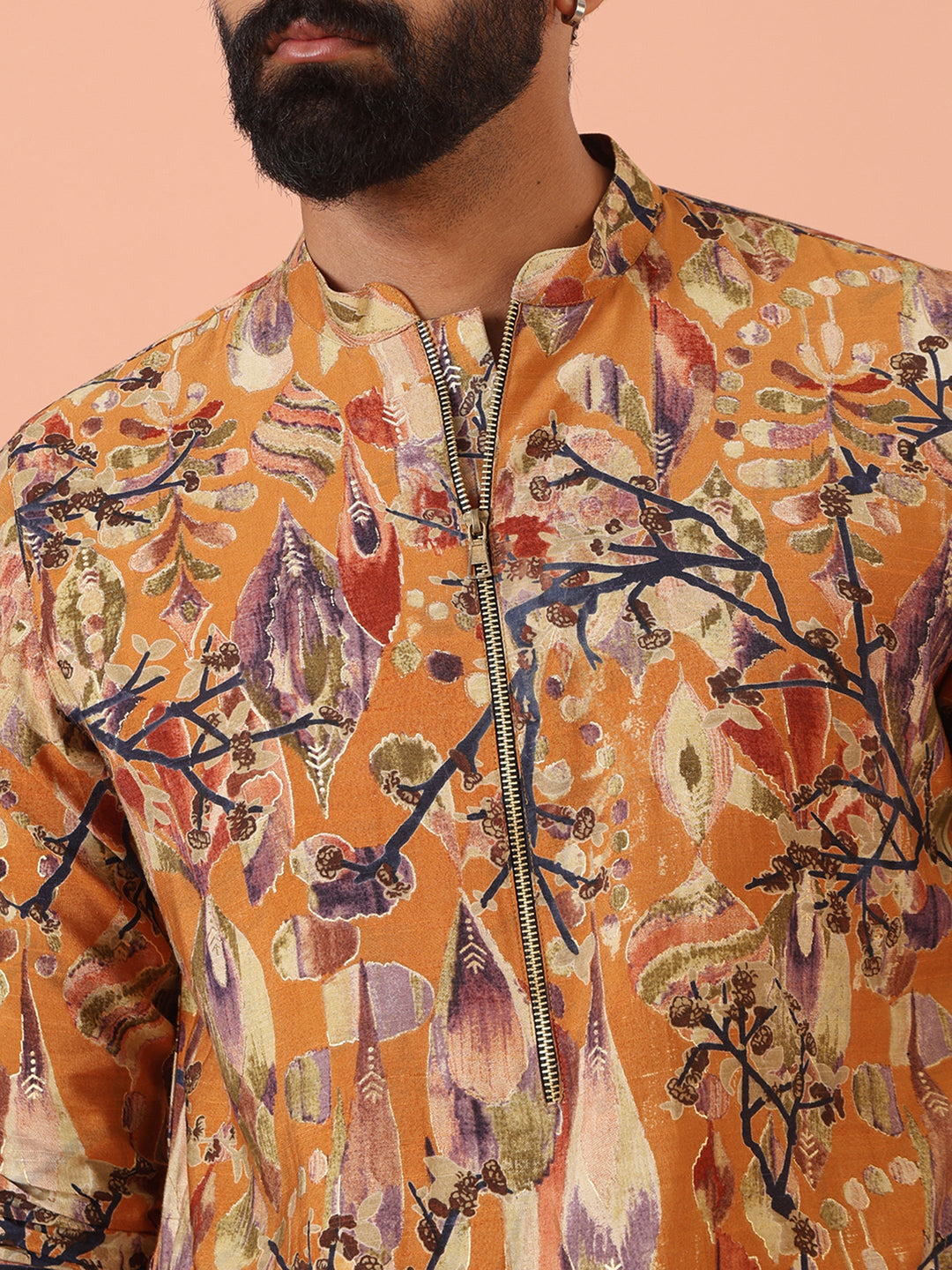 Orange Printed Silk Blend Long Kurta | SHOBITAM
