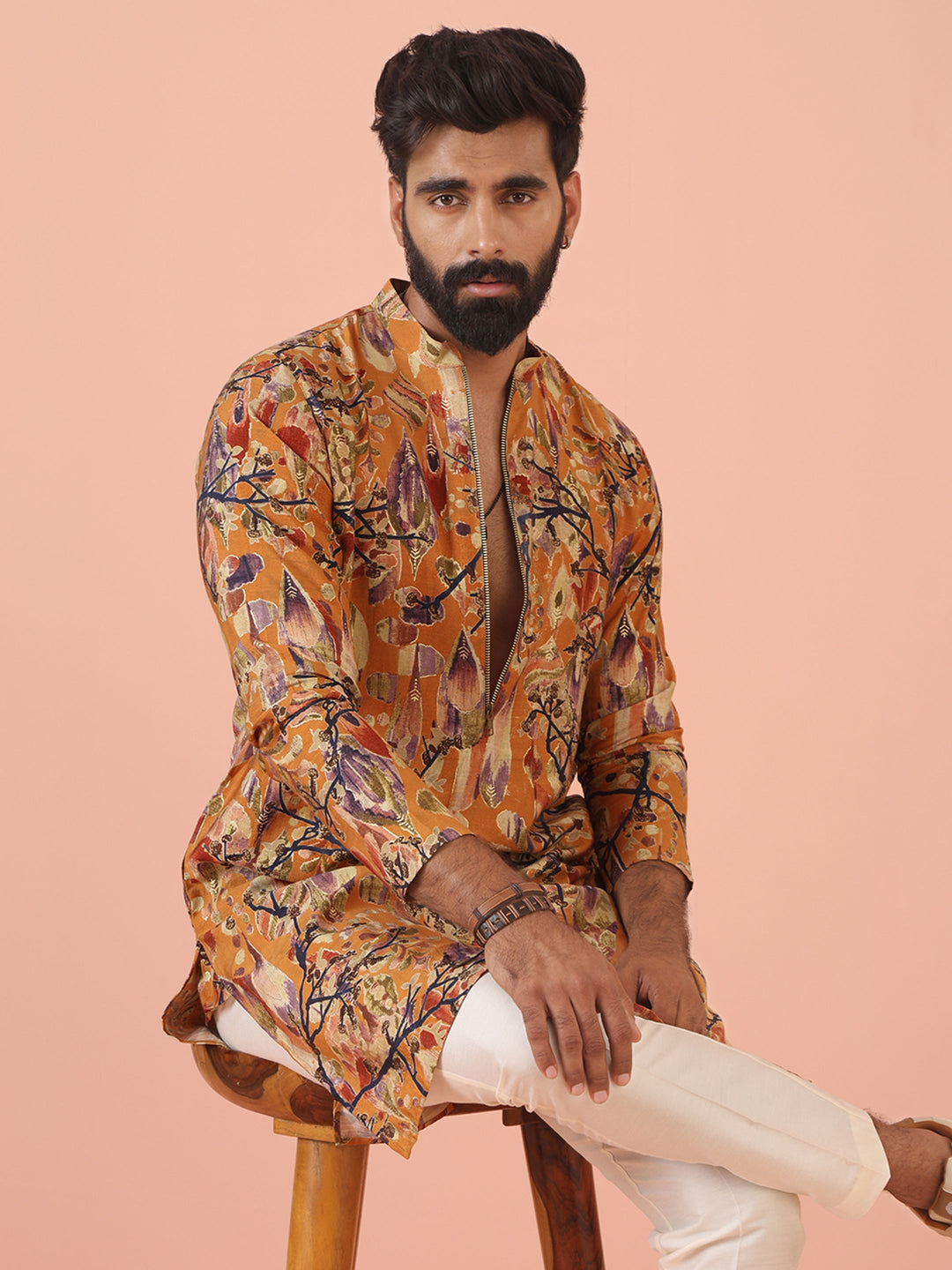 Orange Printed Silk Blend Long Kurta | SHOBITAM