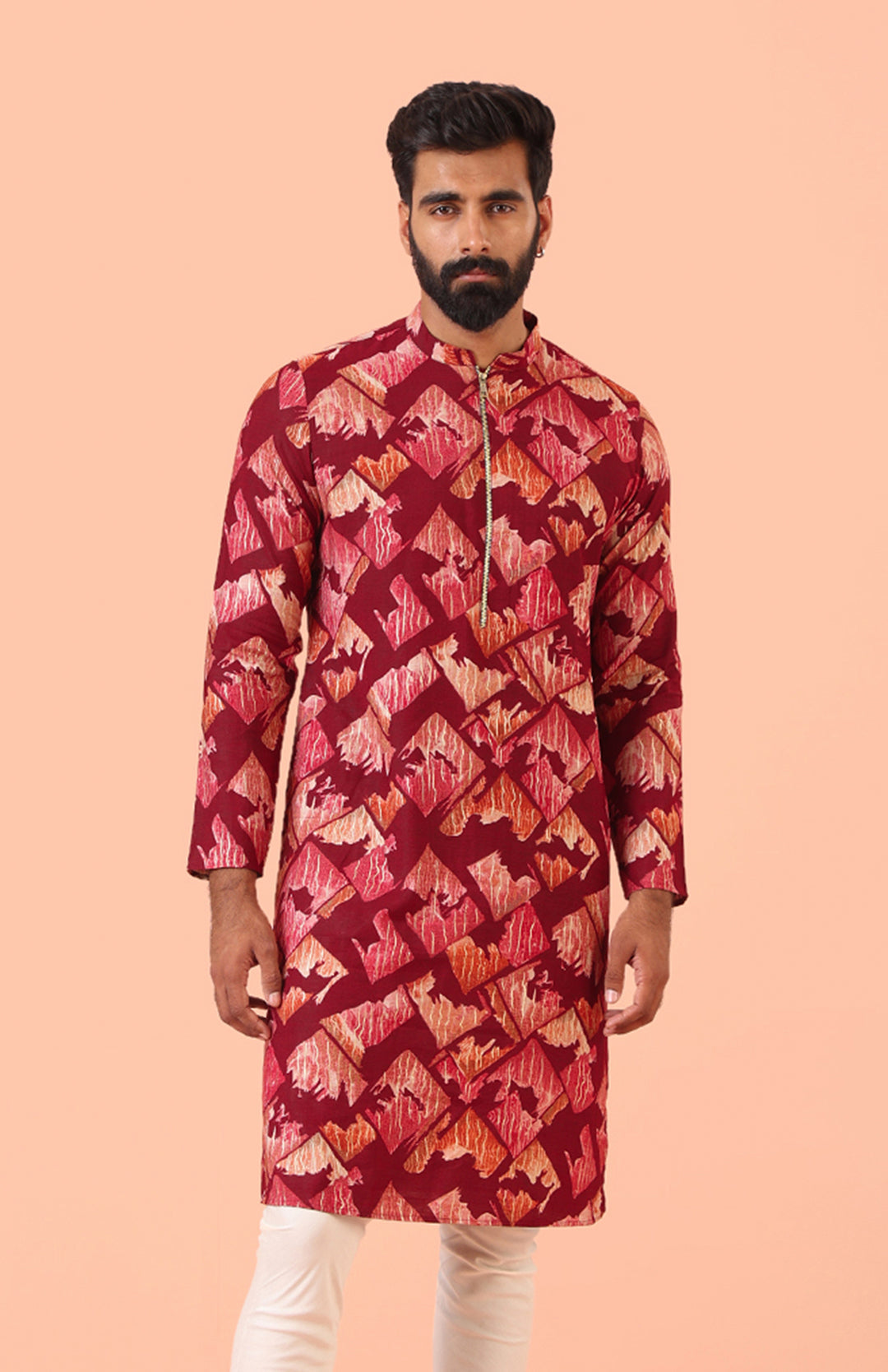 Maroon Cotton Silk Printed Cream Kurta | SHOBITAM