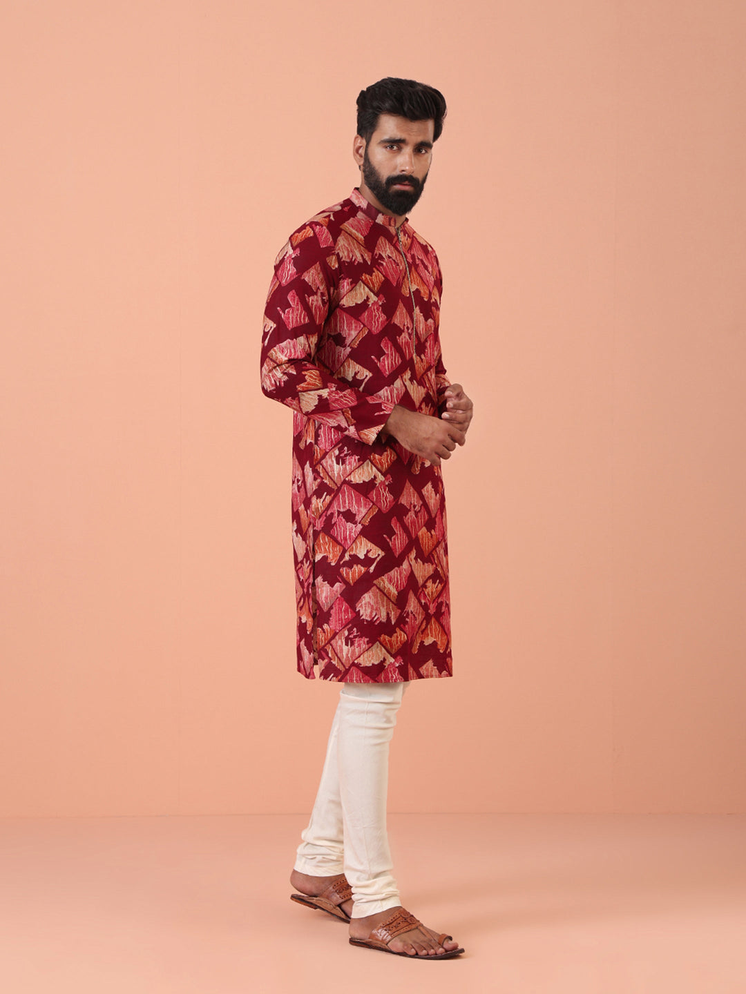 Maroon Cotton Silk Printed Cream Kurta | SHOBITAM