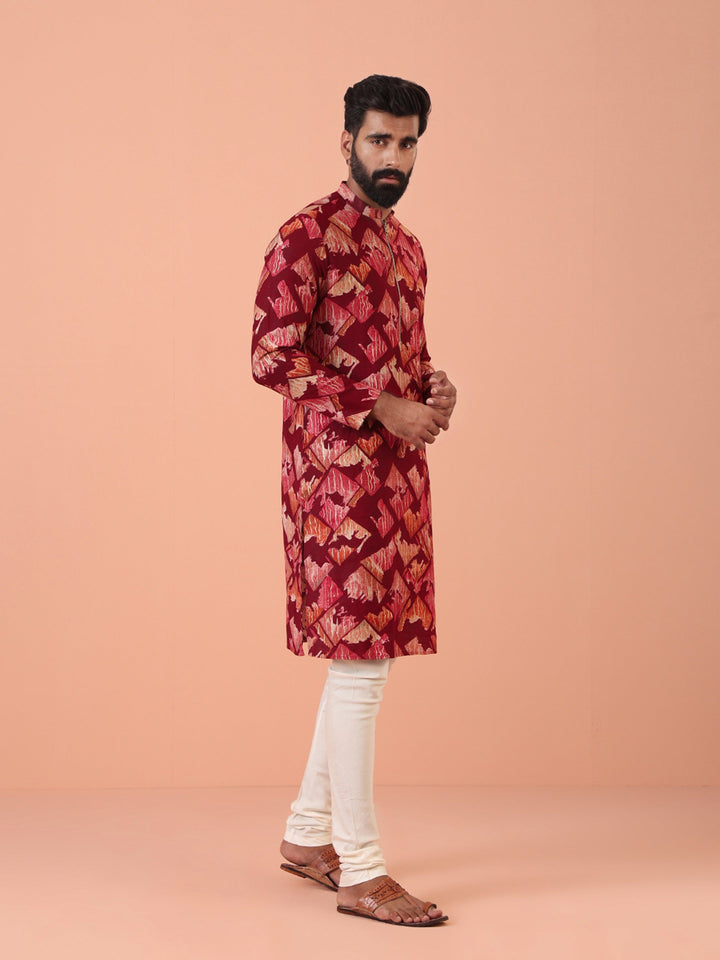 Maroon Cotton Silk Printed Cream Kurta | SHOBITAM