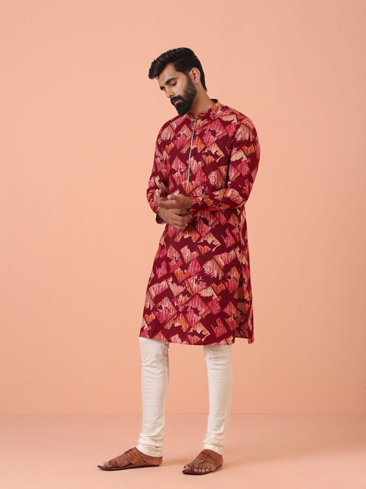 Maroon Cotton Silk Printed Cream Kurta | SHOBITAM