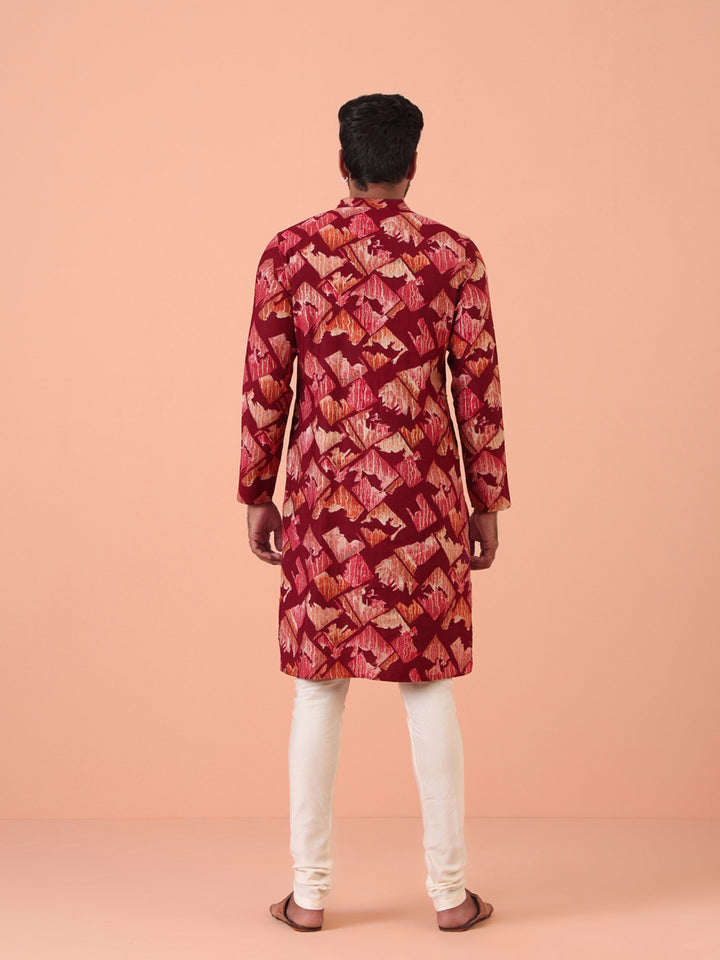 Maroon Cotton Silk Printed Cream Kurta | SHOBITAM