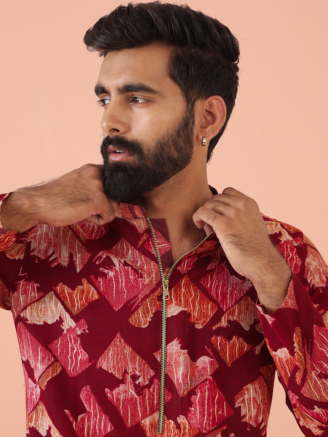 Maroon Cotton Silk Printed Cream Kurta | SHOBITAM