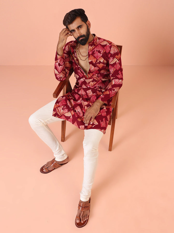Maroon Cotton Silk Printed Cream Kurta | SHOBITAM