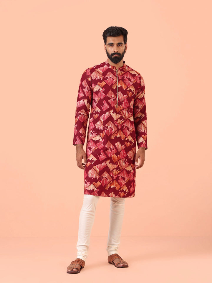 Maroon Cotton Silk Printed Kurta Cream Churidar Set | SHOBITAM