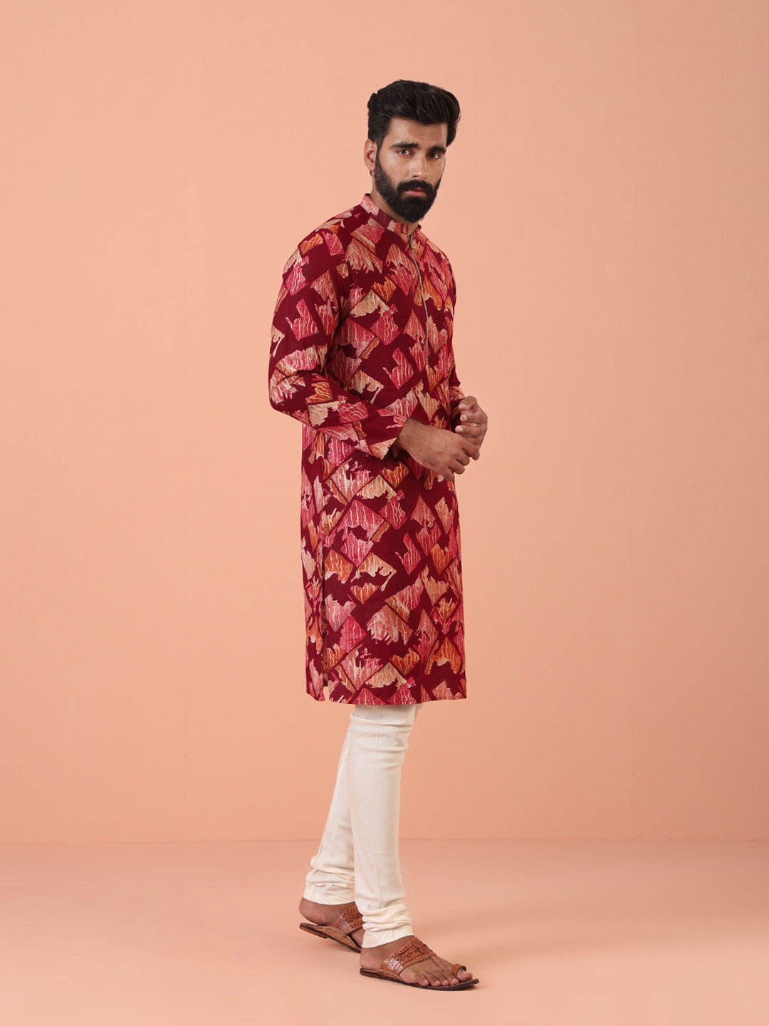Maroon Cotton Silk Printed Kurta Cream Churidar Set | SHOBITAM