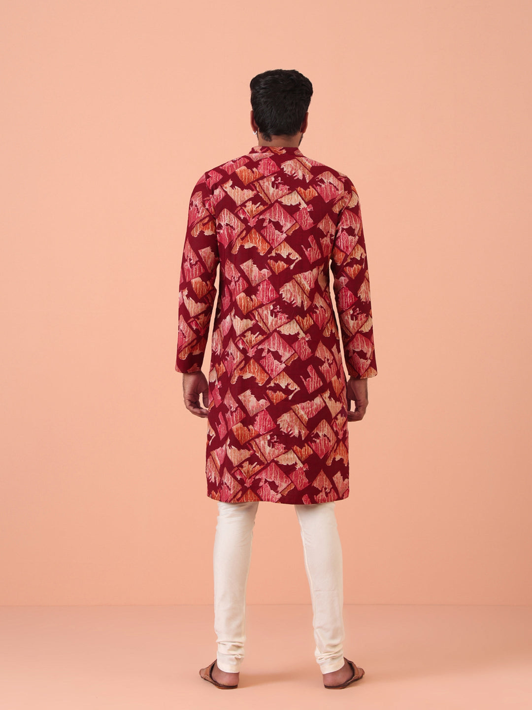 Maroon Cotton Silk Printed Kurta Cream Churidar Set | SHOBITAM