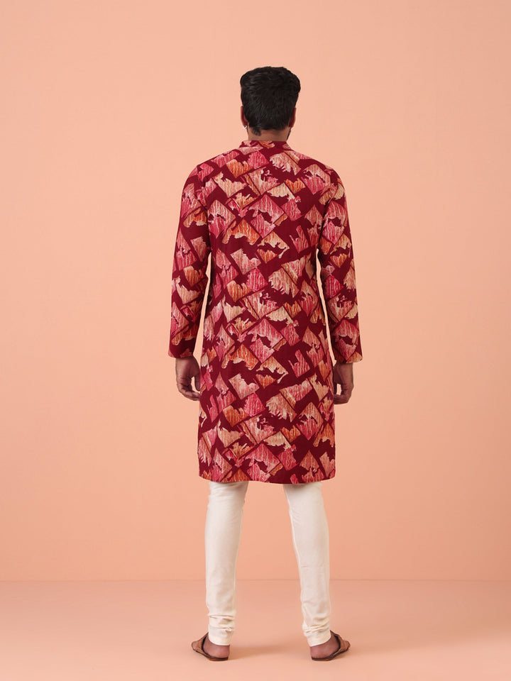 Maroon Cotton Silk Printed Kurta Cream Churidar Set | SHOBITAM