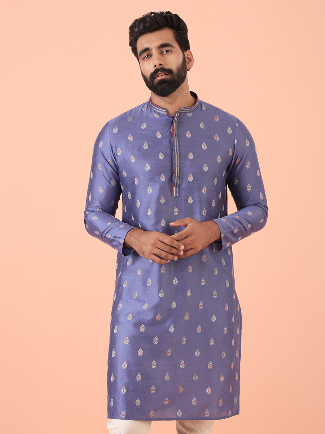 Lavender Kurta with Silver Buta Print and Contrast Placket | SHOBITAM