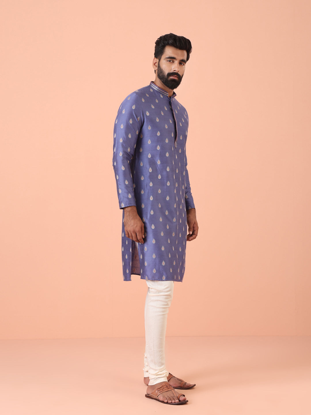 Lavender Kurta with Silver Buta Print and Contrast Placket | SHOBITAM