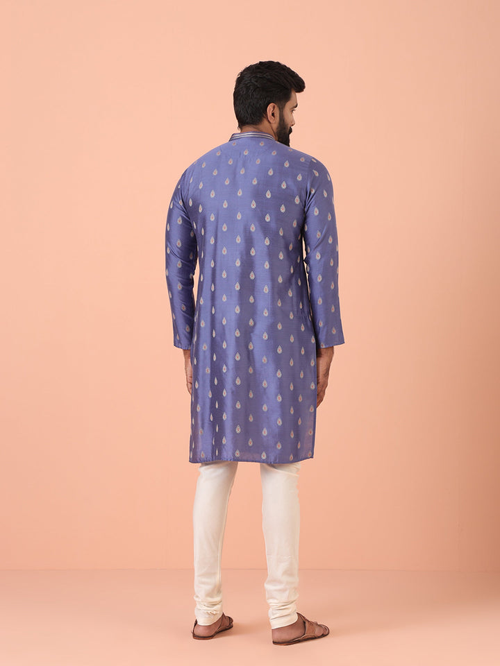 Lavender Kurta with Silver Buta Print and Contrast Placket | SHOBITAM