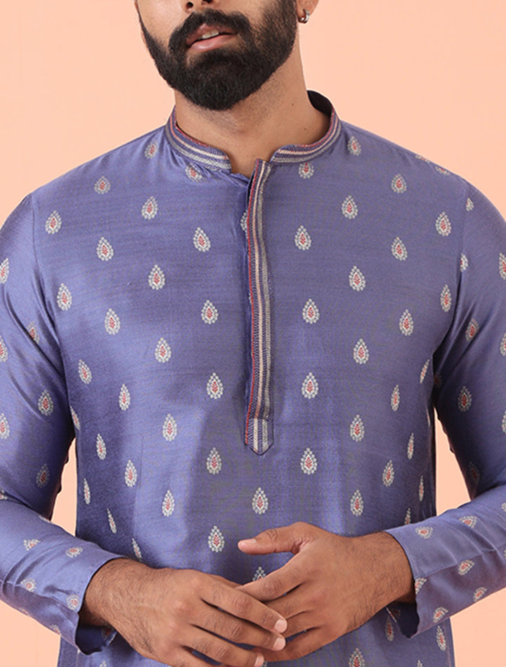 Lavender Kurta with Silver Buta Print and Contrast Placket | SHOBITAM