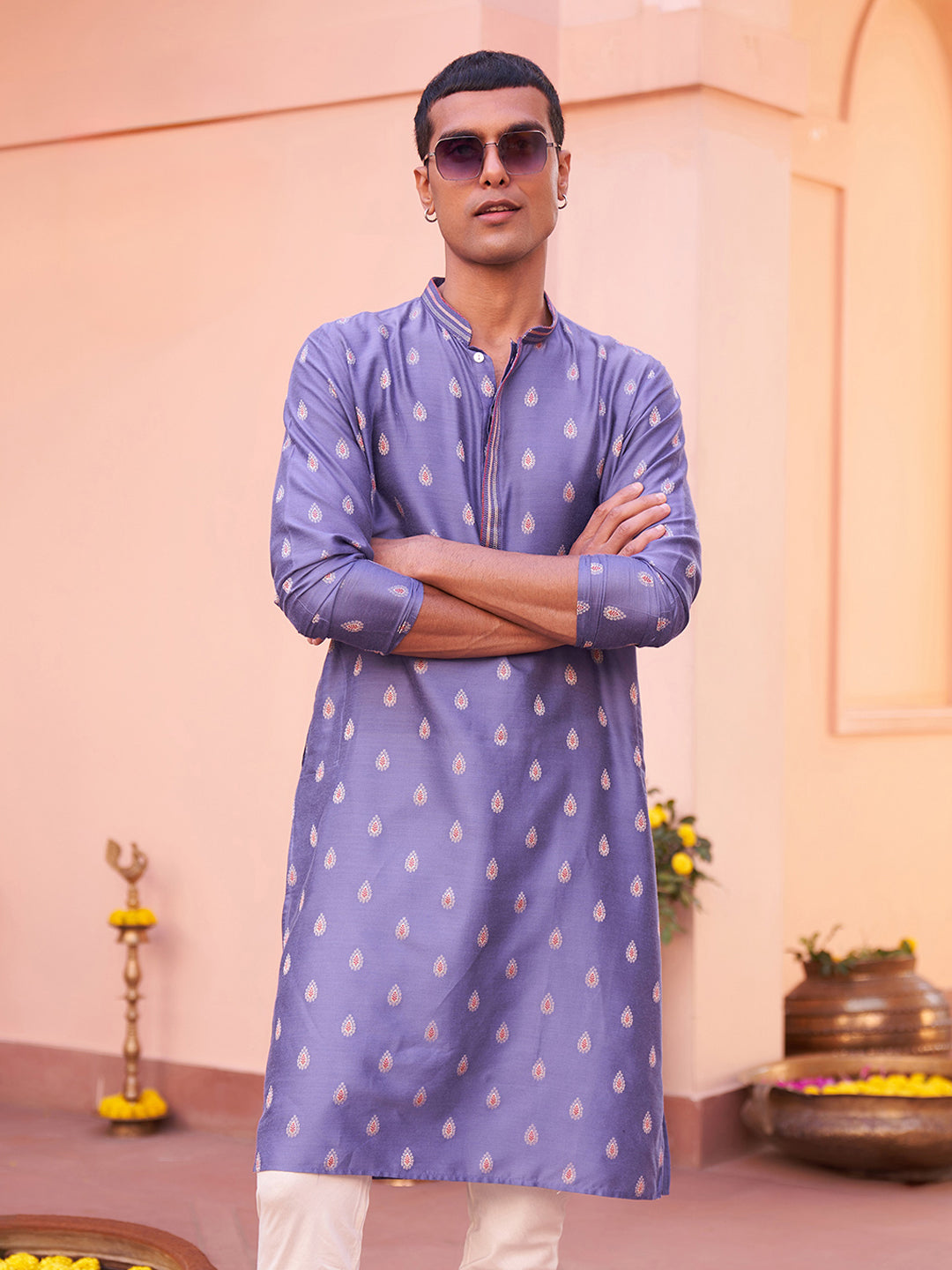 Lavender Kurta with Silver Buta Print and Contrast Placket | SHOBITAM