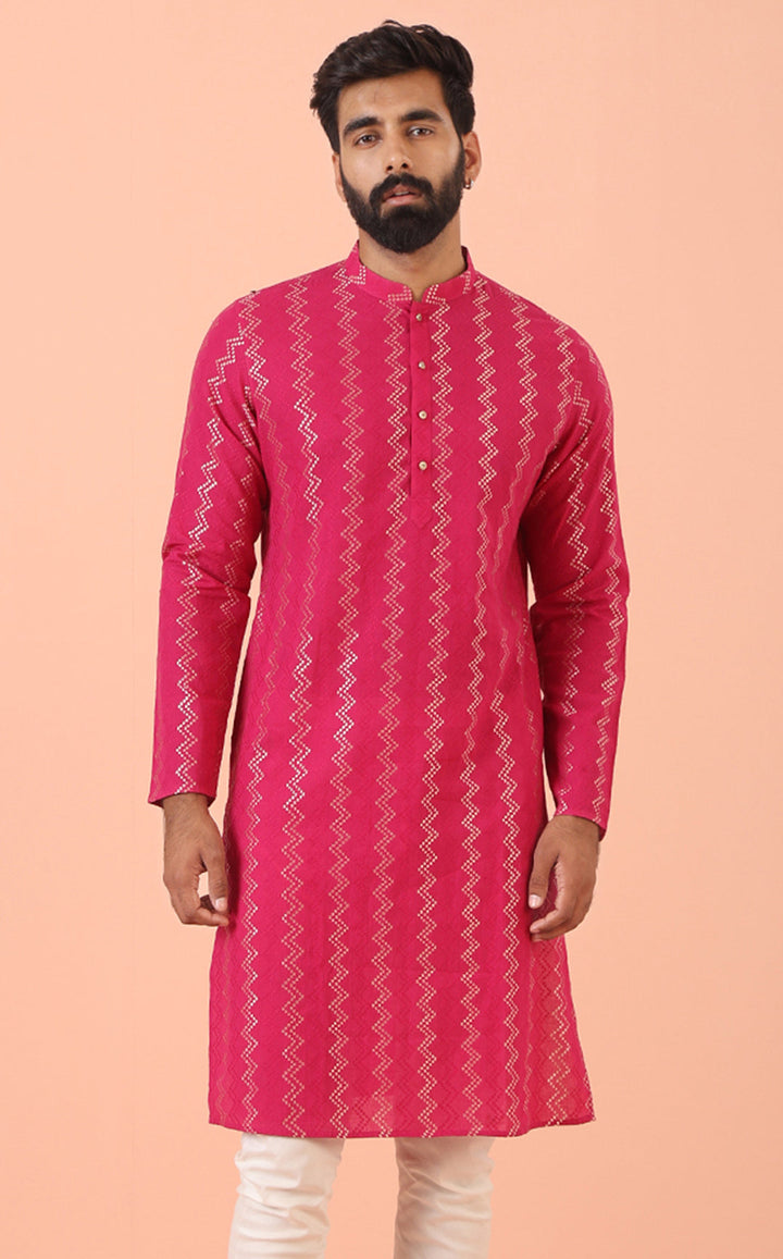 Pink Silk Blend Kurta with Metallic Jacquard Weave and Mandarin Collar | SHOBITAM