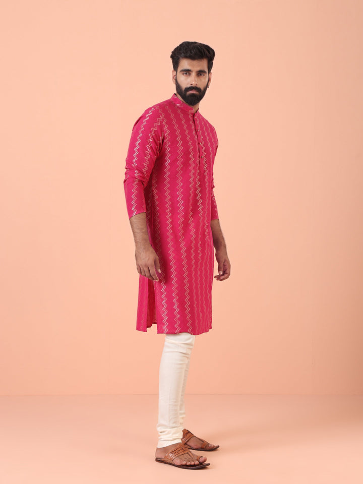 Pink Silk Blend Kurta with Metallic Jacquard Weave and Mandarin Collar | SHOBITAM