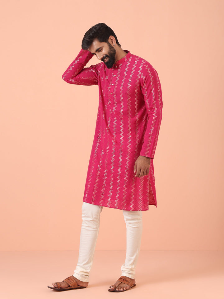 Pink Silk Blend Kurta with Metallic Jacquard Weave and Mandarin Collar | SHOBITAM
