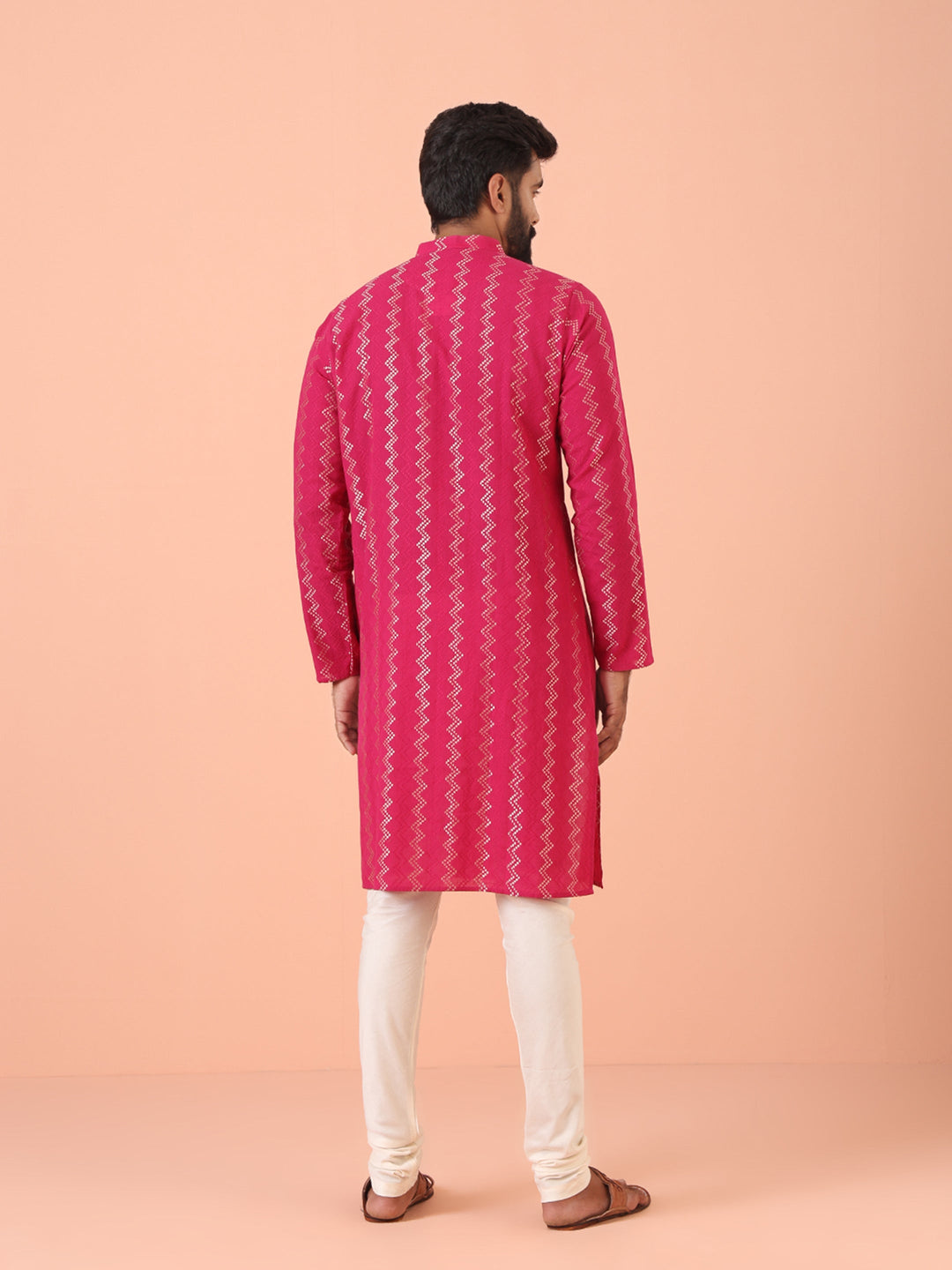 Pink Silk Blend Kurta with Metallic Jacquard Weave and Mandarin Collar | SHOBITAM