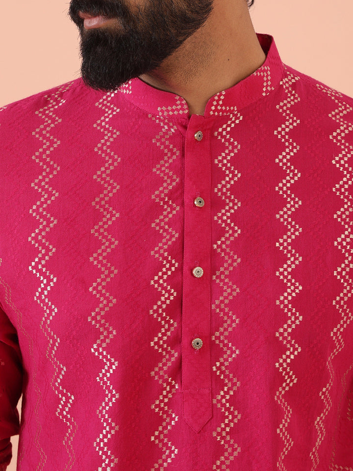Pink Silk Blend Kurta with Metallic Jacquard Weave and Mandarin Collar | SHOBITAM