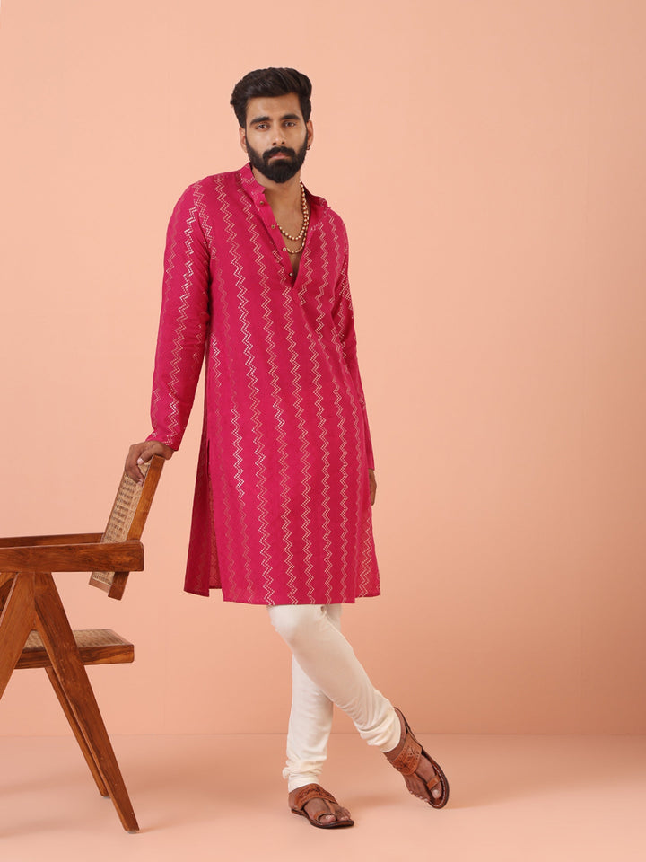 Pink Silk Blend Kurta with Metallic Jacquard Weave and Mandarin Collar | SHOBITAM