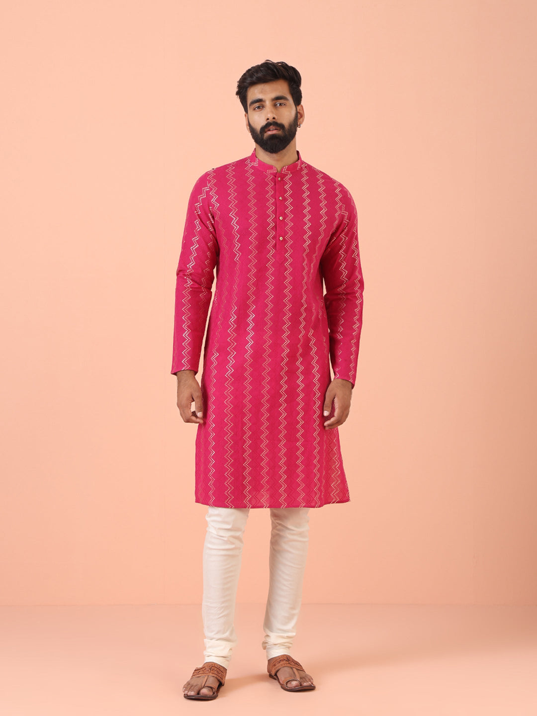 Pink Blend Kurta Set with Metallic Jacquard Woven Design and Cream Churidar for Festive & Wedding Ensemble | SHOBITAM