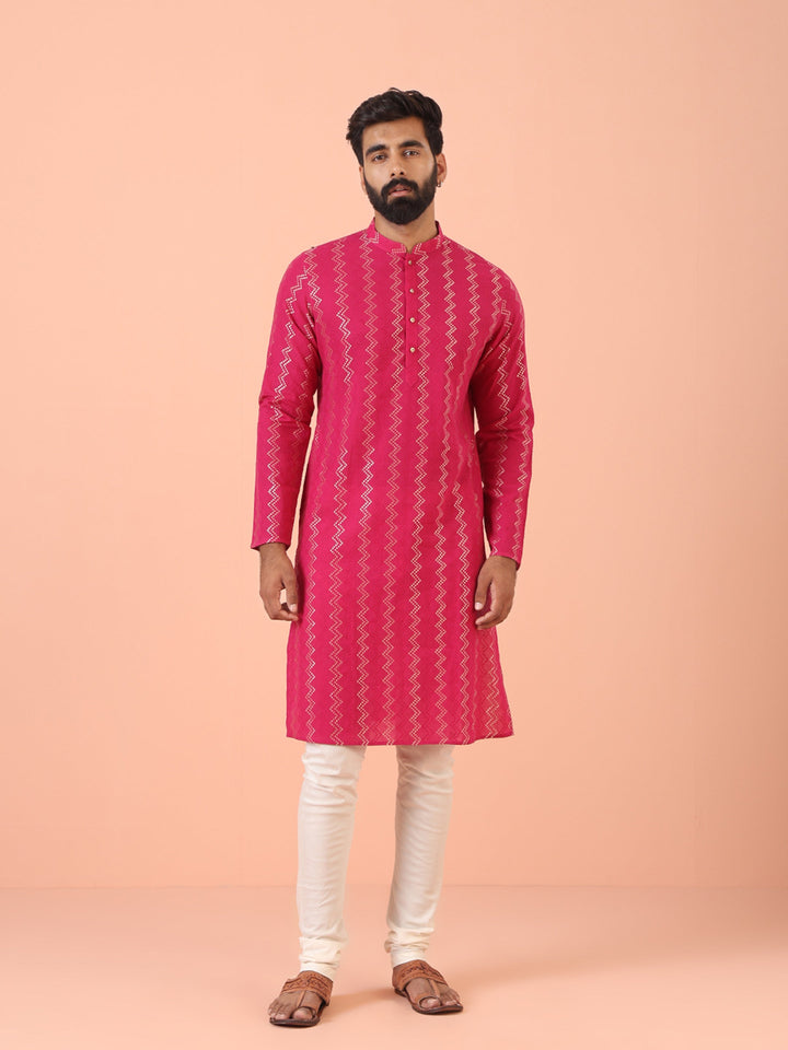 Pink Blend Kurta Set with Metallic Jacquard Woven Design and Cream Churidar for Festive & Wedding Ensemble | SHOBITAM