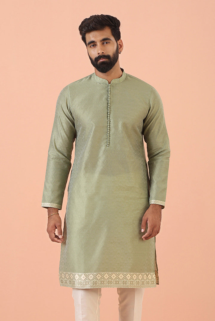 Sage Green Jacquard Kurta with Contrast Detailing