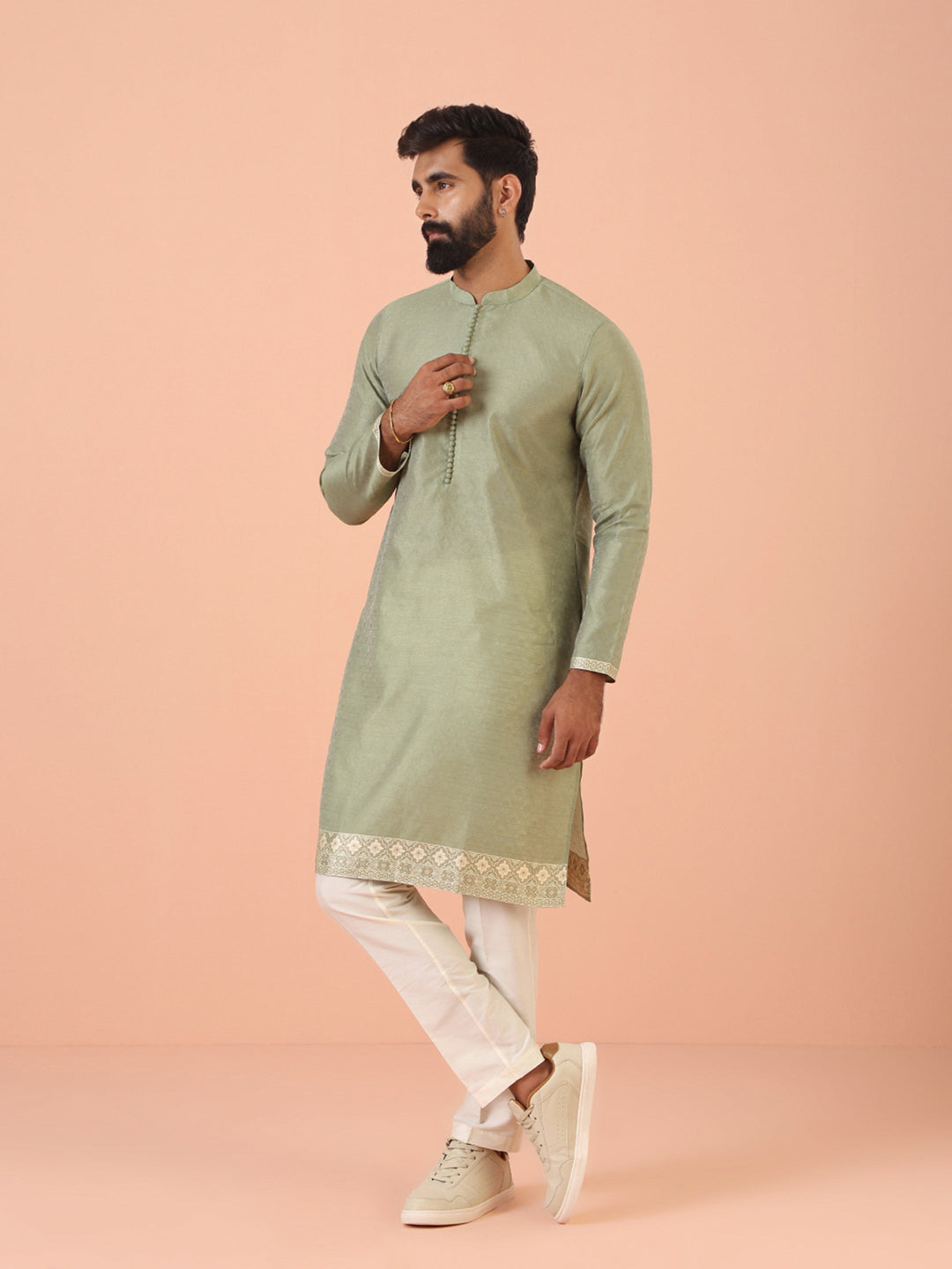 Sage Green Jacquard Kurta with Contrast Detailing