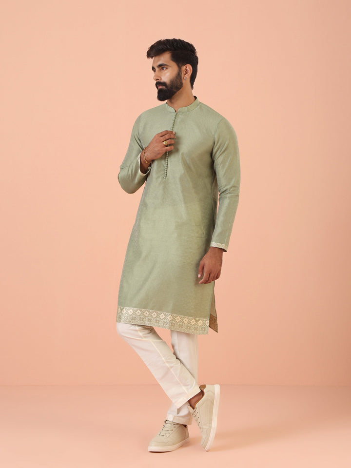 Sage Green Jacquard Kurta with Contrast Detailing