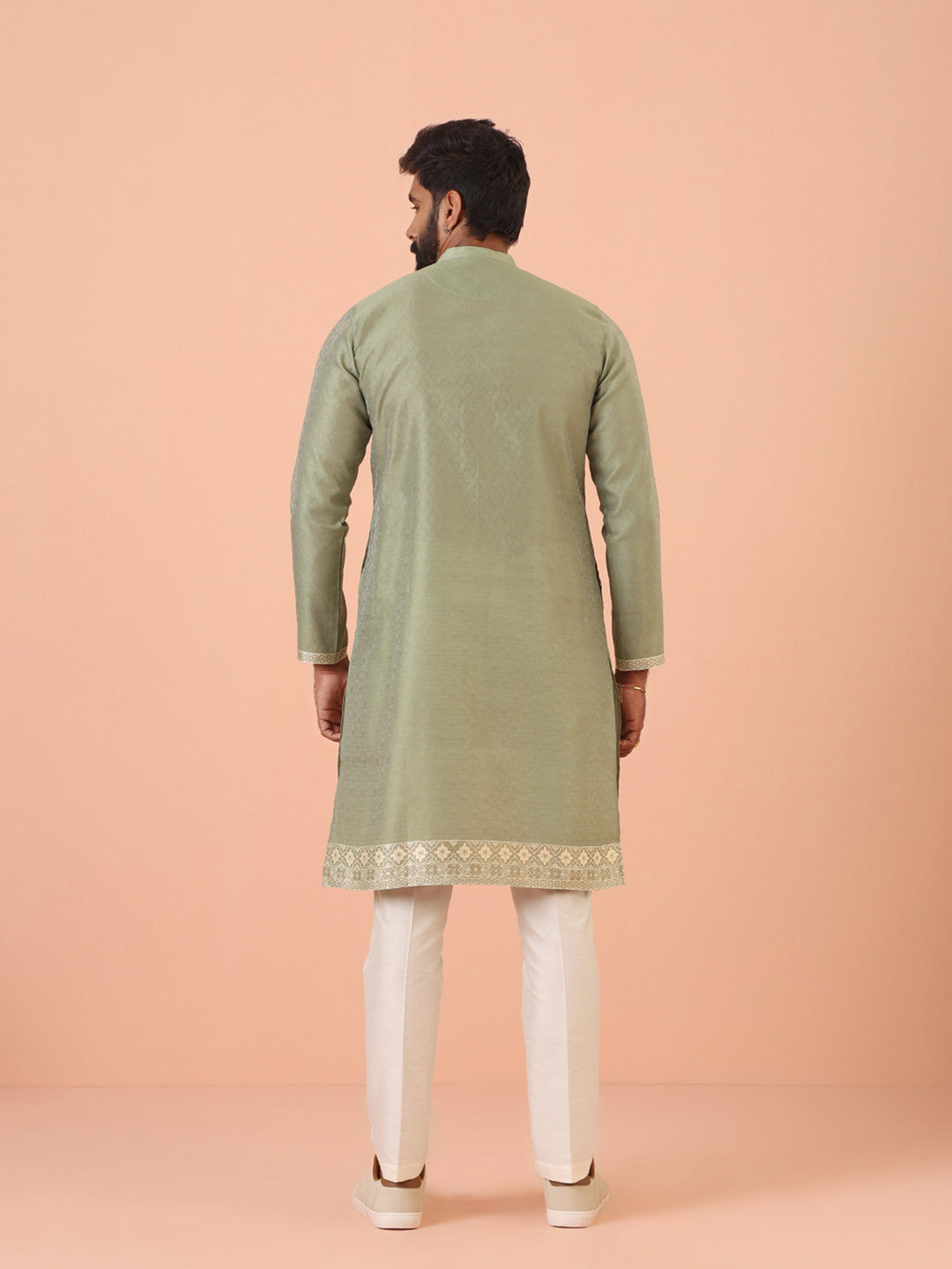 Sage Green Jacquard Kurta with Contrast Detailing
