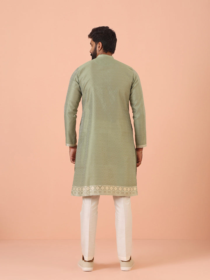 Sage Green Jacquard Kurta with Contrast Detailing