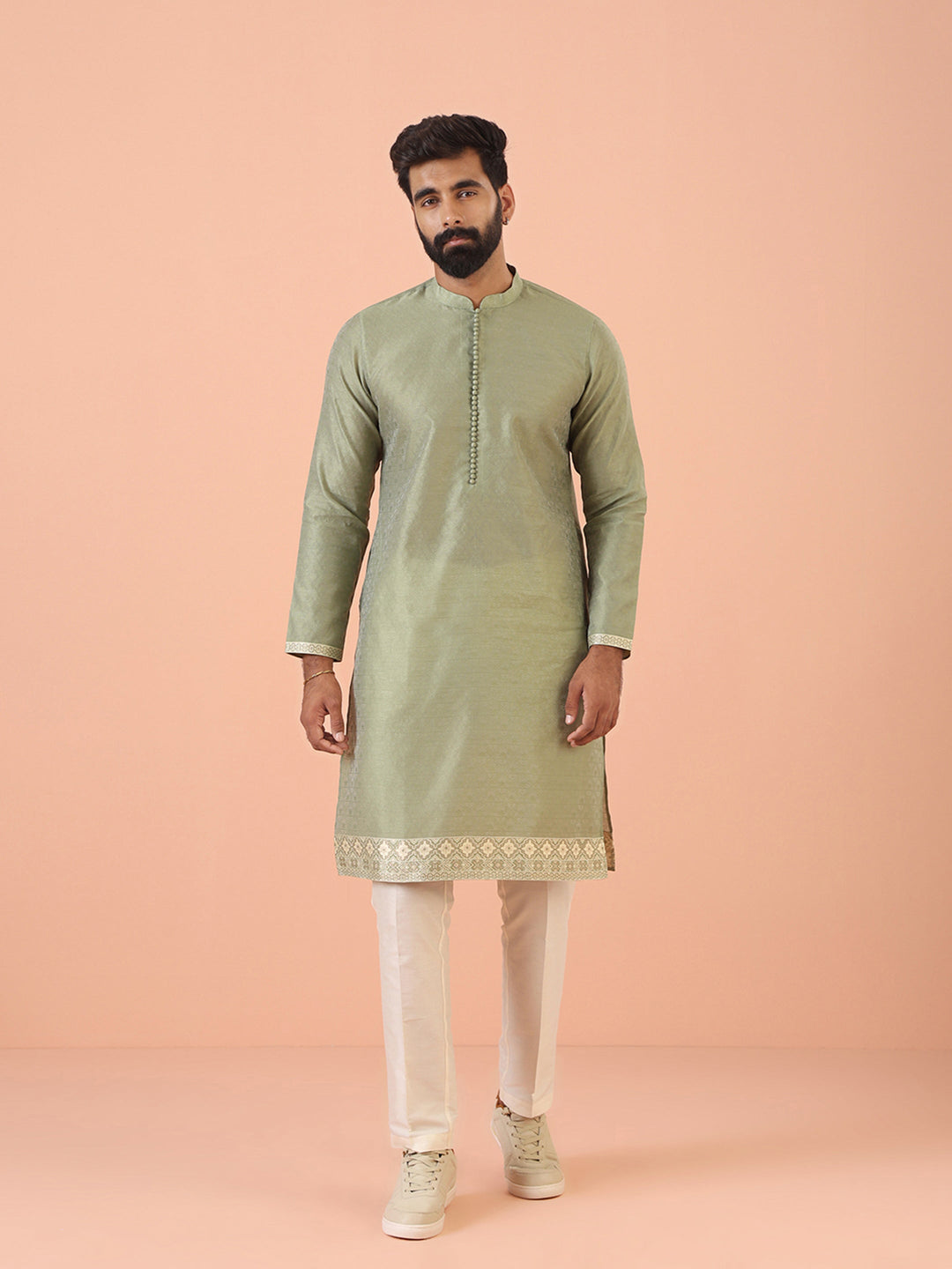 Sage Green Jacquard Kurta with Contrast Detailing