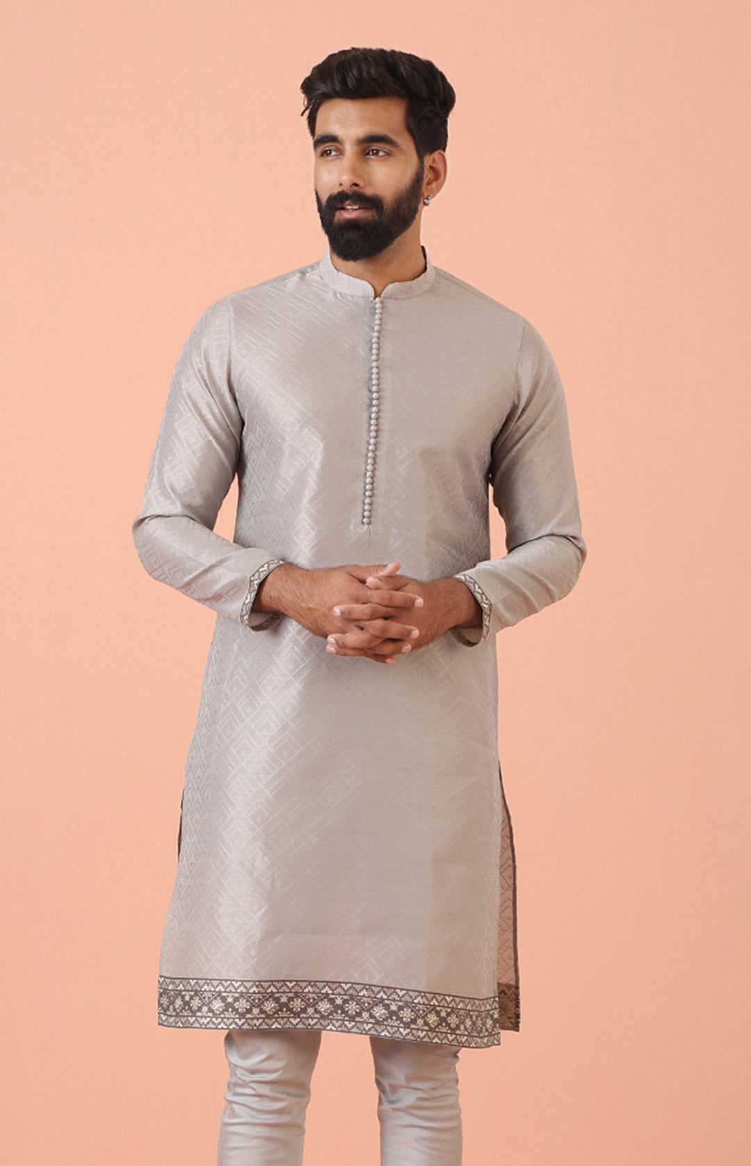 Grey Jacquard Kurta with Hem Detailing | SHOBITAM